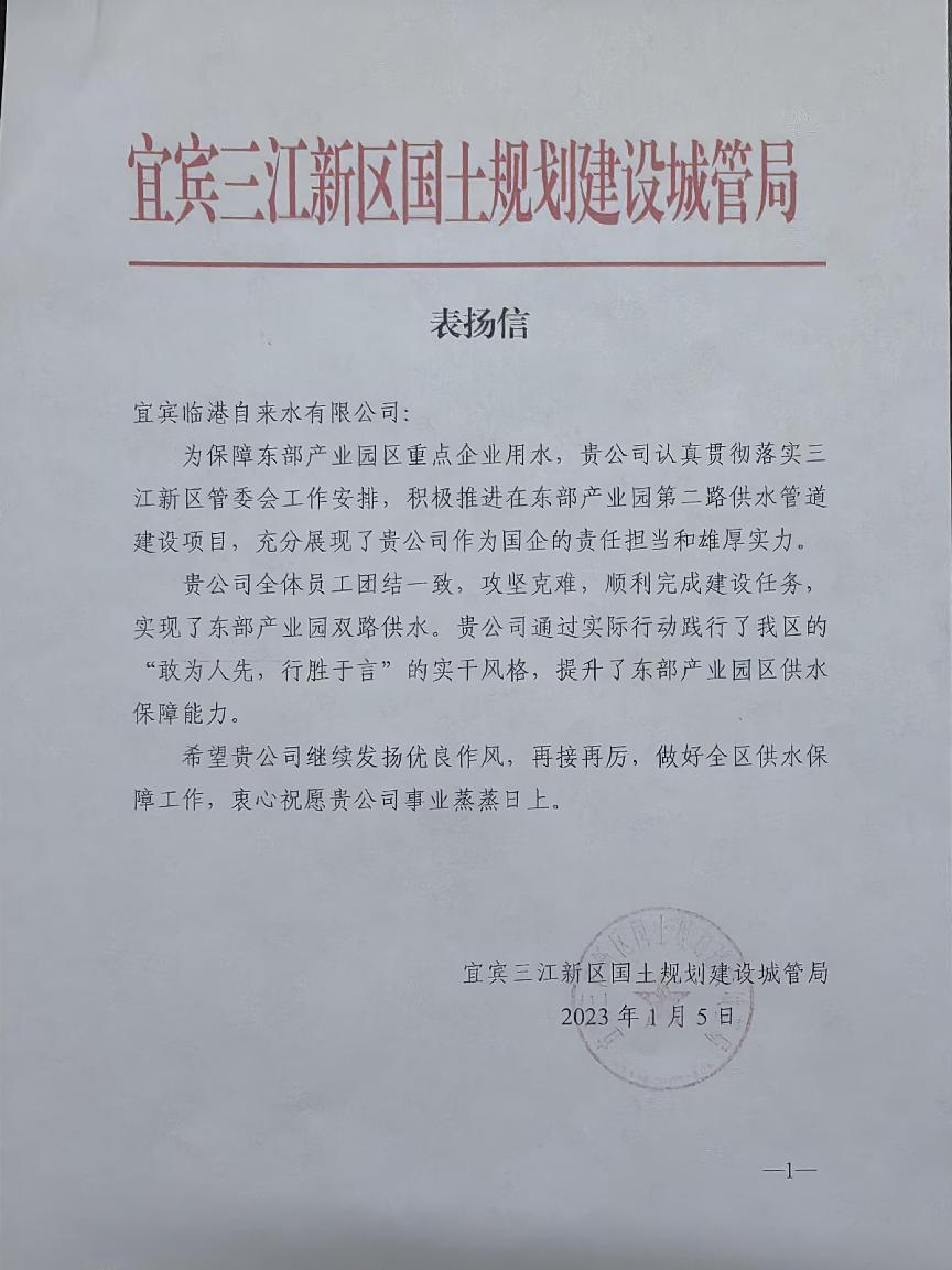 敢為人先 行勝于言 ——臨港公司獲三江新區(qū)國土規(guī)劃建設城管局表揚信